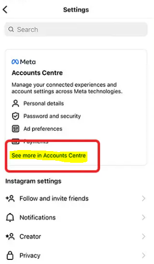 select the 'See more in Accounts Centre' option